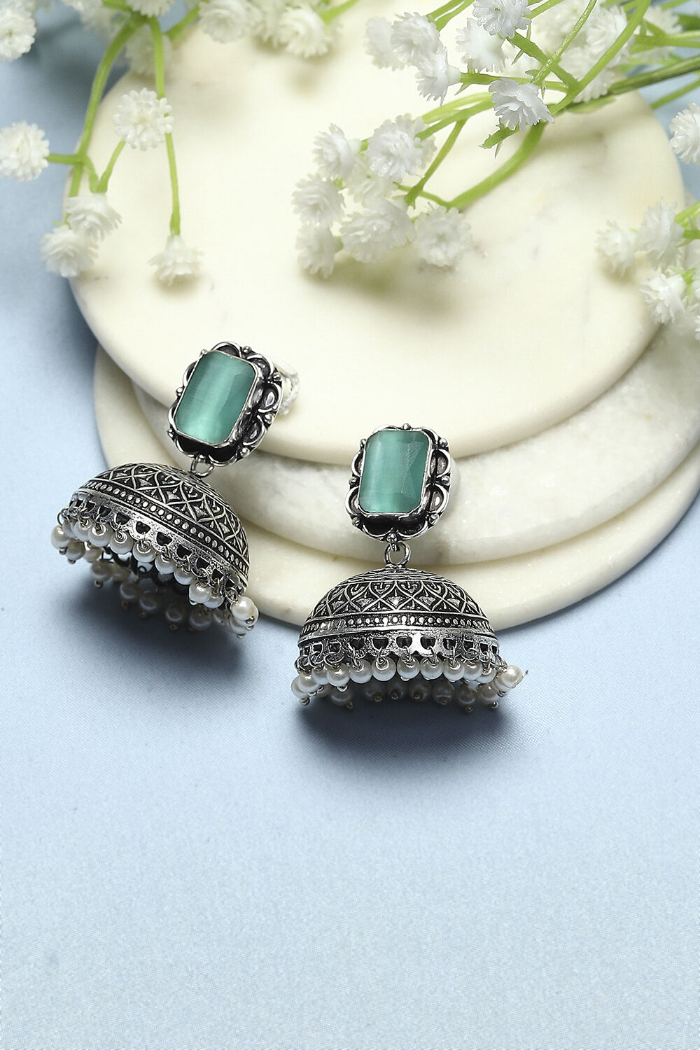 Mint Green Oxidised Stone Studded Jhumkas image number 0