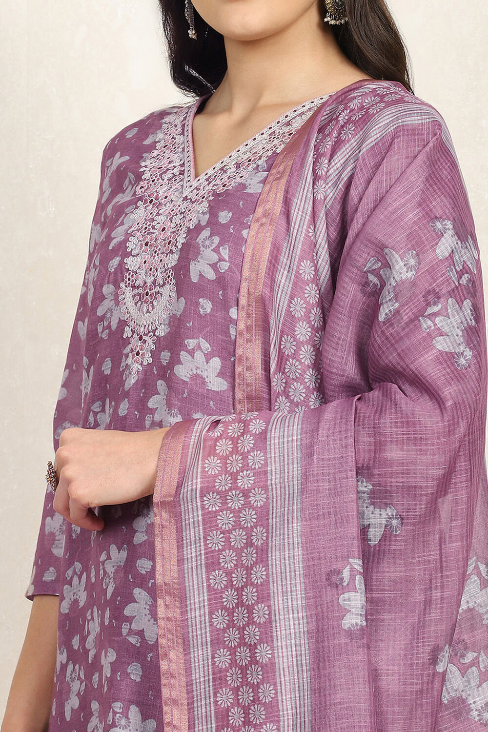 Mauve Linen Digital Print Unstitched Suit Set image number 2