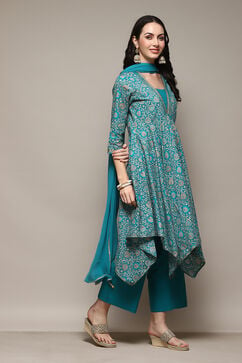 Turquoise Cotton Anarkali Kurta Palazzo Suit Set image number 6