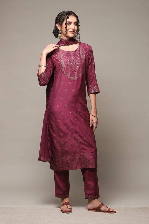 Purple Art Silk Straight Kurta Regular Pants Suit Set image number 6