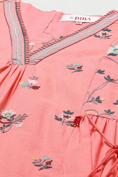 Pink Cotton Gathered Kurta Pants Suit Set image number 1
