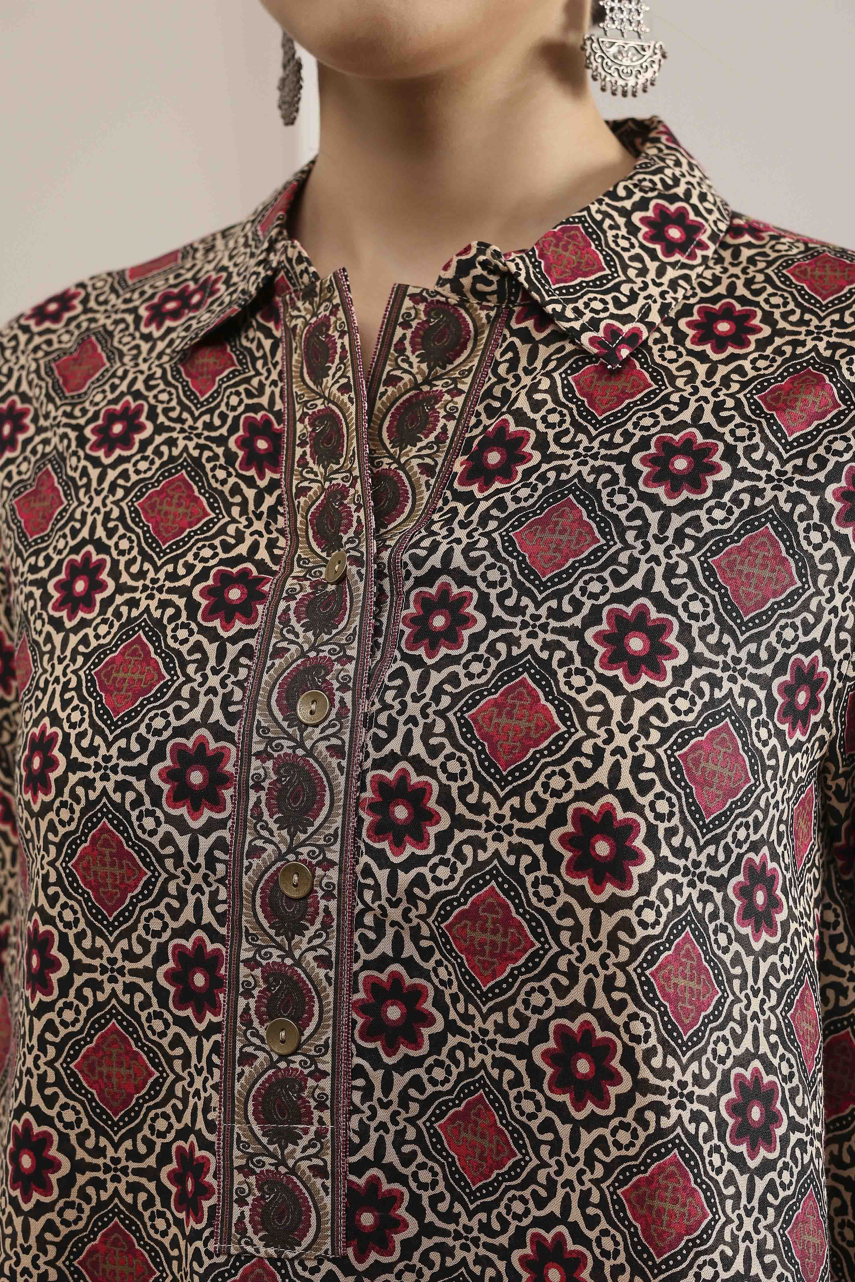 Beige Red Viscose Rayon Relaxed Printed Top image number 1