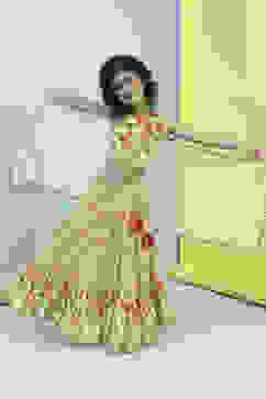 Lime Green Cotton Printed Lehenga Set image number 0