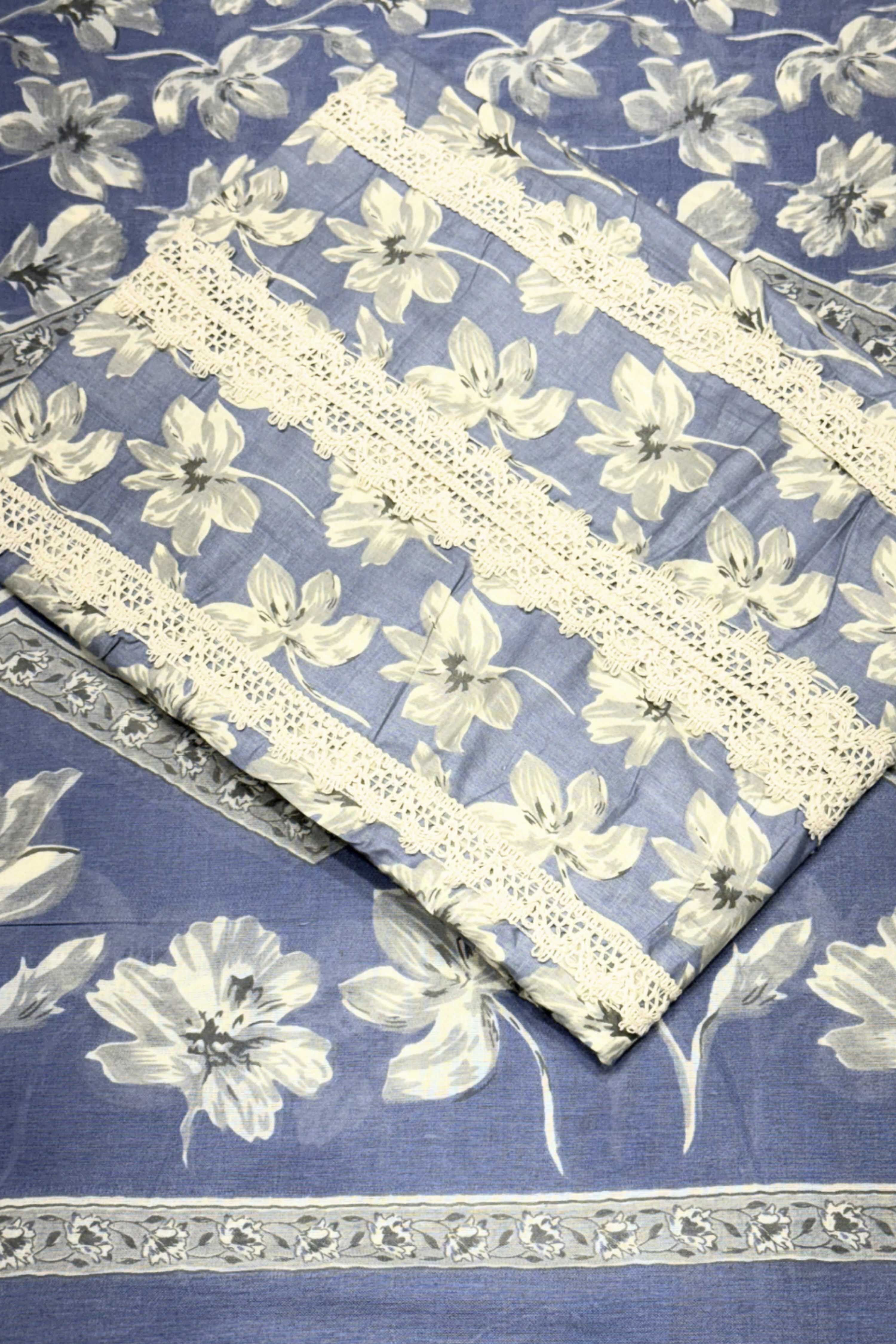 Teal Cotton Printed Unstitched Suit Set image number 1