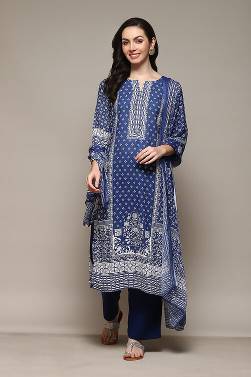 Navy Blue Cotton Blend Digital Print Unstitched Suit Set image number 8