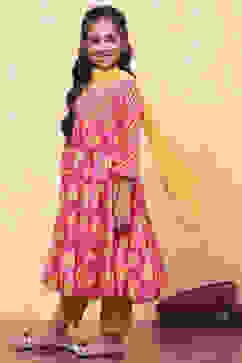 Pink and Yellow Floral Printed Tiered Suit Set image number 3