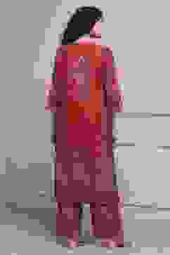 Red Cotton Printed Straight Suit Set image number 4