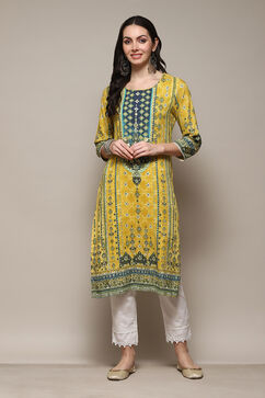 Yellow Polyester Straight Printed Kurta image number 0