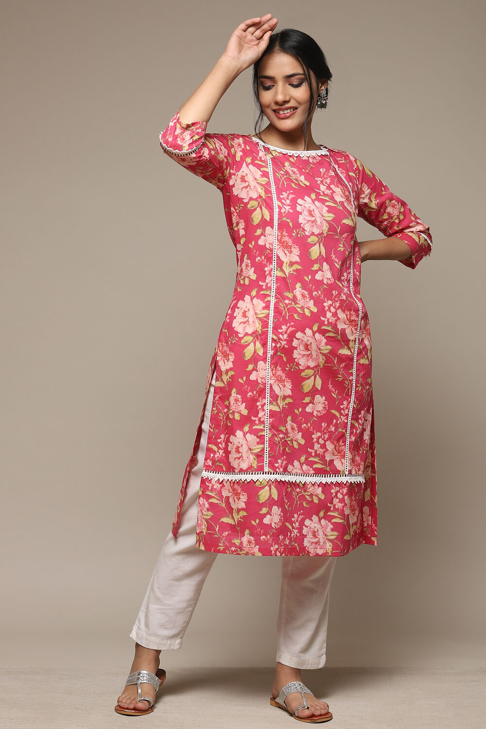 Pink Cotton Straight Printed Kurta image number 0