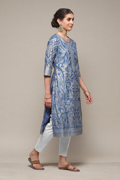 Blue Polyester Straight Printed Kurta image number 3