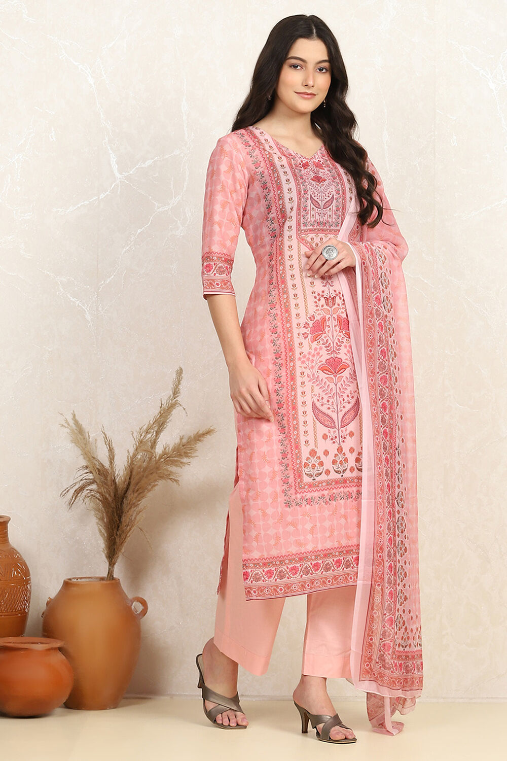 Pink Cotton Digital Print Unstitched Suit Set image number 6