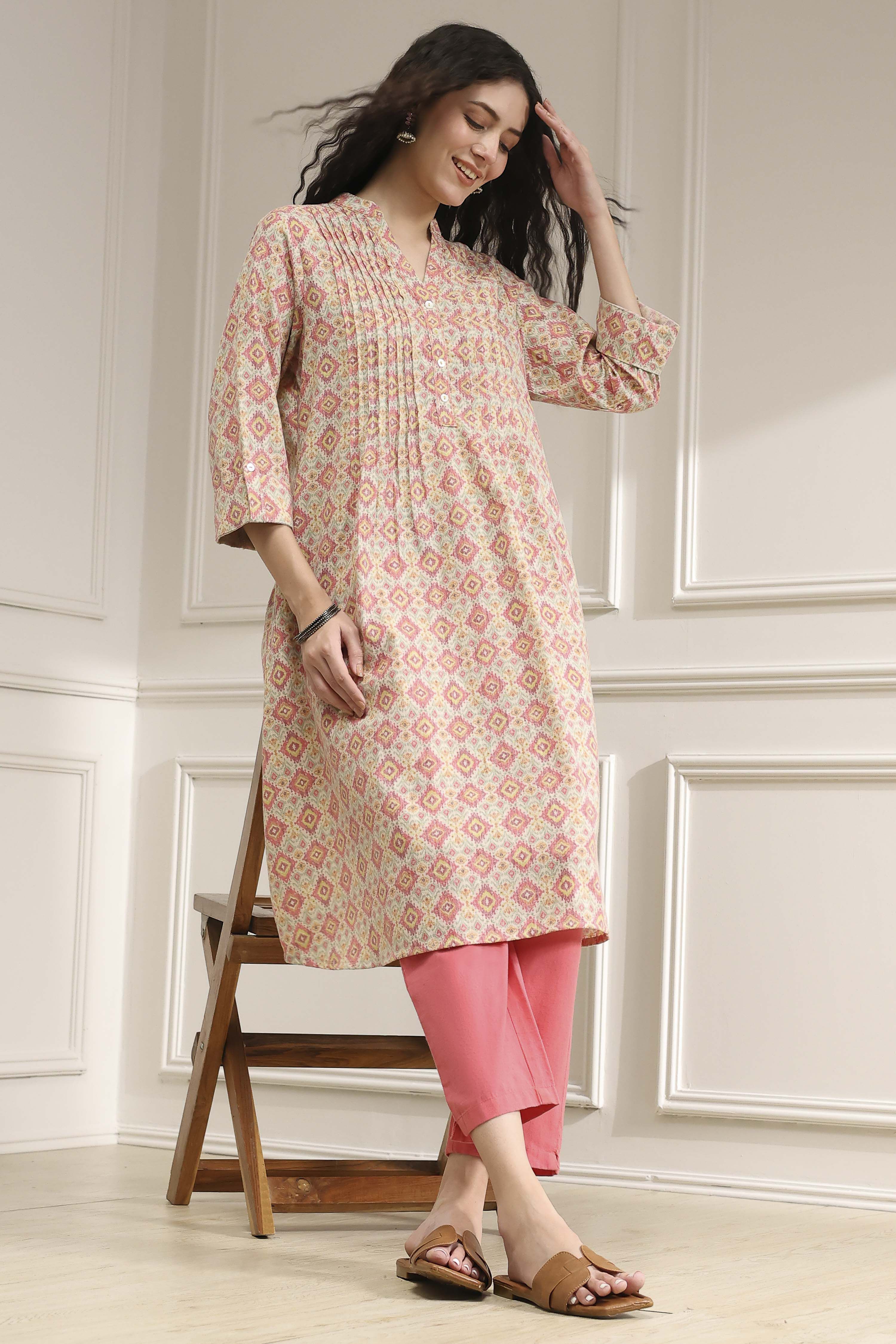 Blue Cotton Printed A-Line Kurta image number 0