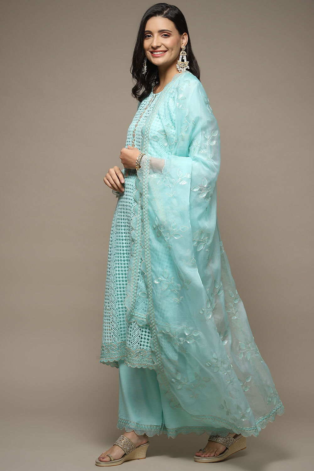 Light Green Muslin Lace Unstitched Suit Set image number 6