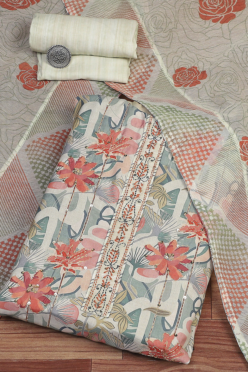 Metallic Cotton Digital Print Unstitched Suit Set image number 0