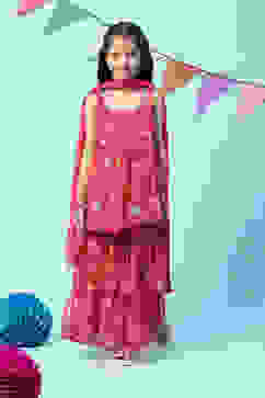 Deep Fuchsia Cotton Printed Kurta Garara Suit Set image number 6