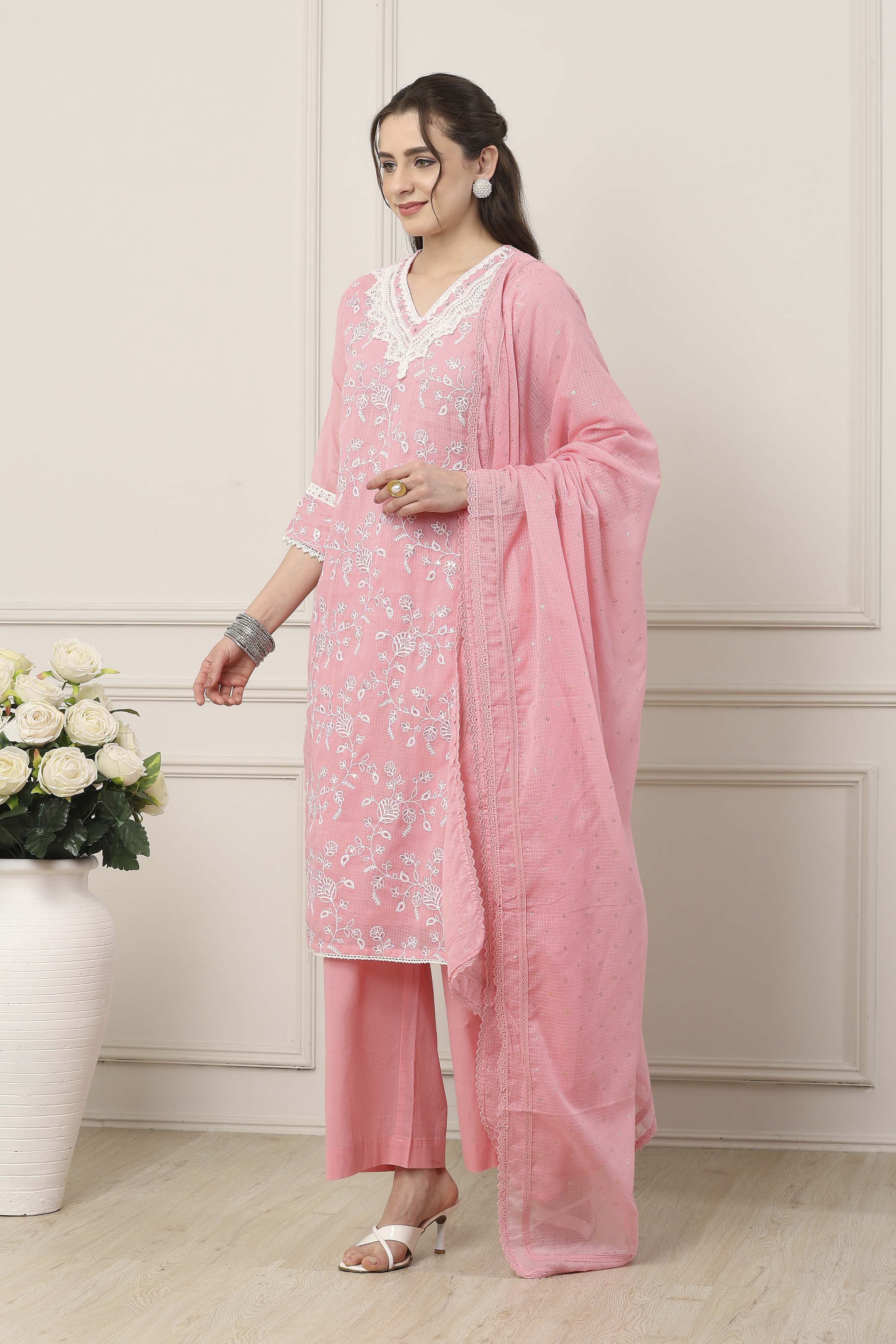 Pink Cotton Straight Suit Set image number 3