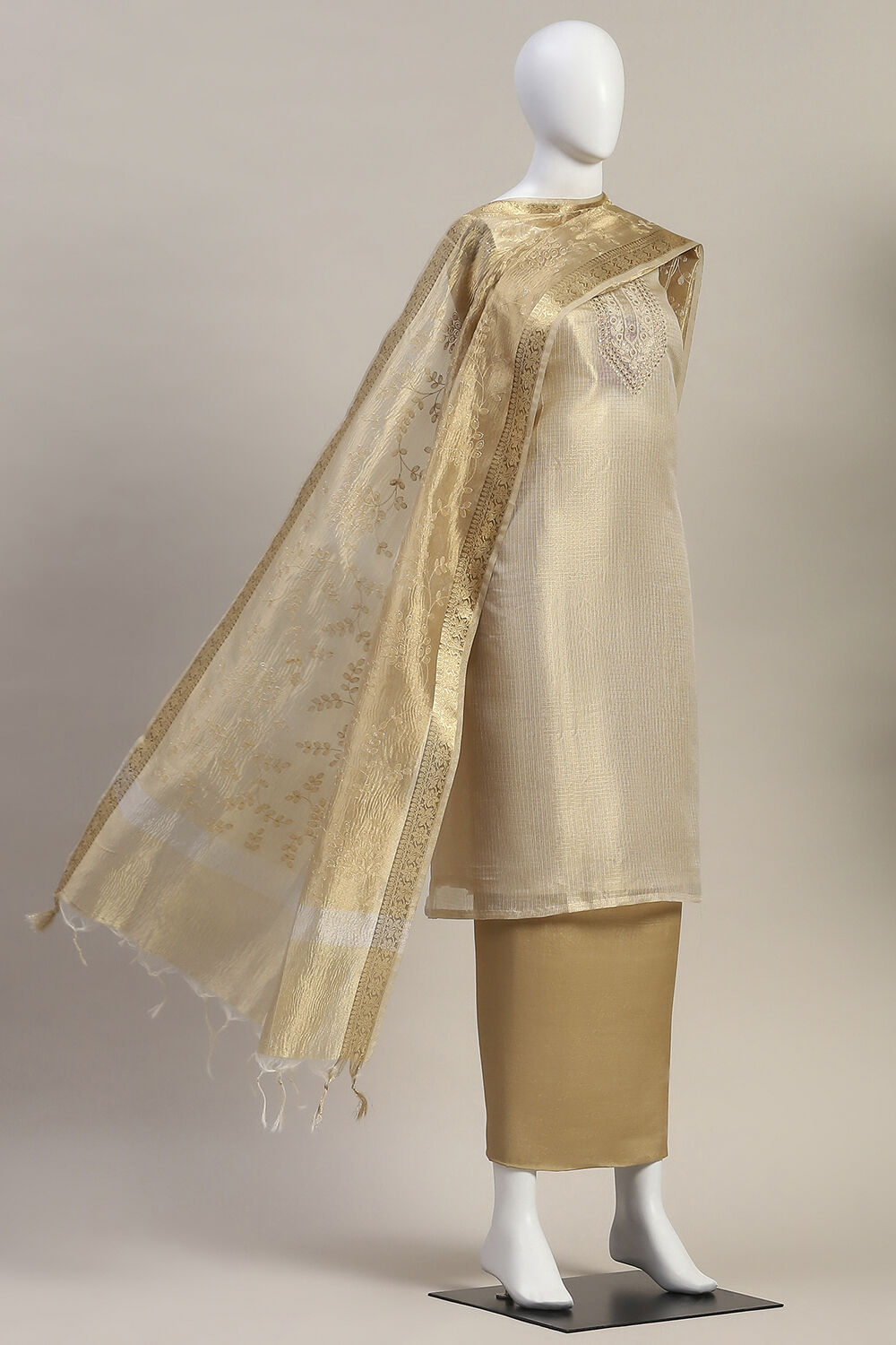 Beige Cotton Machine Embroidered Unstitched Suit Set image number 4