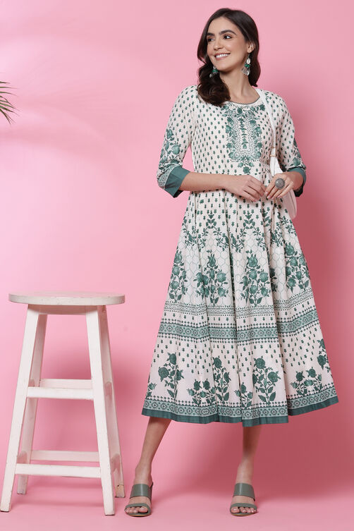 Green Cotton Flared Printed Kurta Dress image number 5