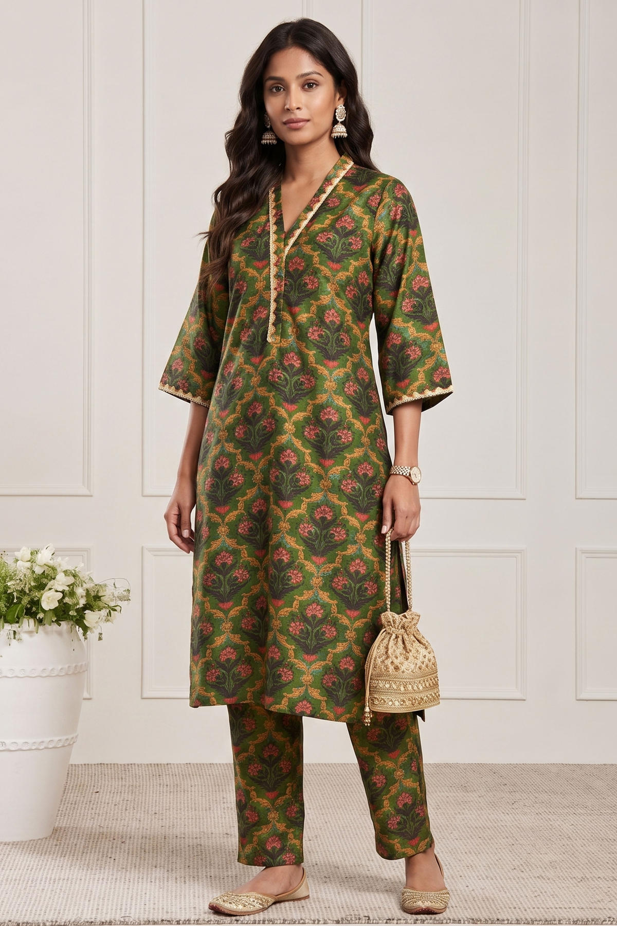 Green Poly Viscose Straight Kurta Pants Set