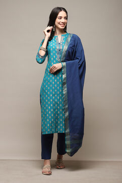 Blue Cotton Hand Embroidered Unstitched Suit Set image number 8