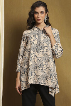 Beige and Grey Cotton Printed Straight Short Kurta image number 5