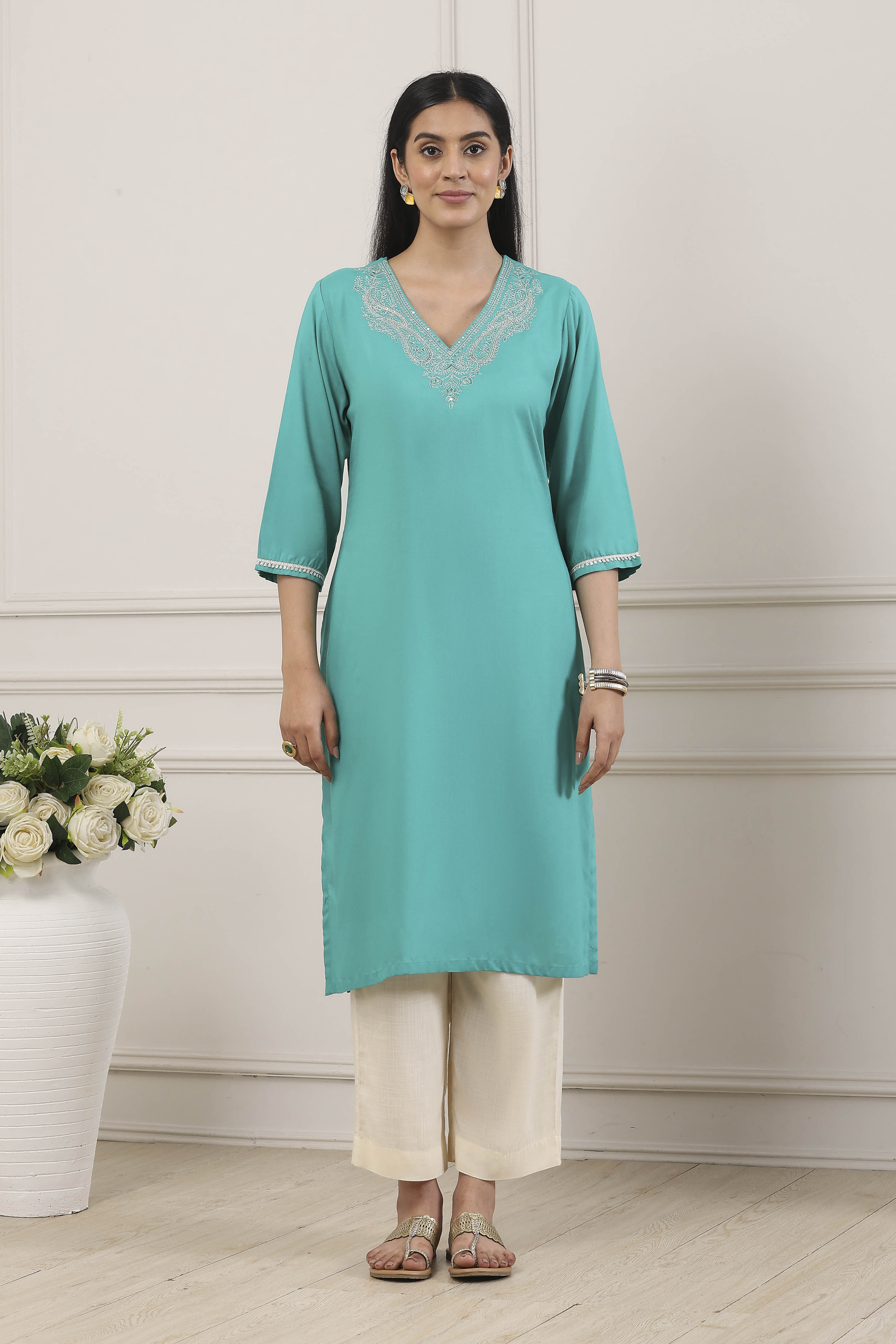 Turq Viscose Rayon Straight Kurta image number 5