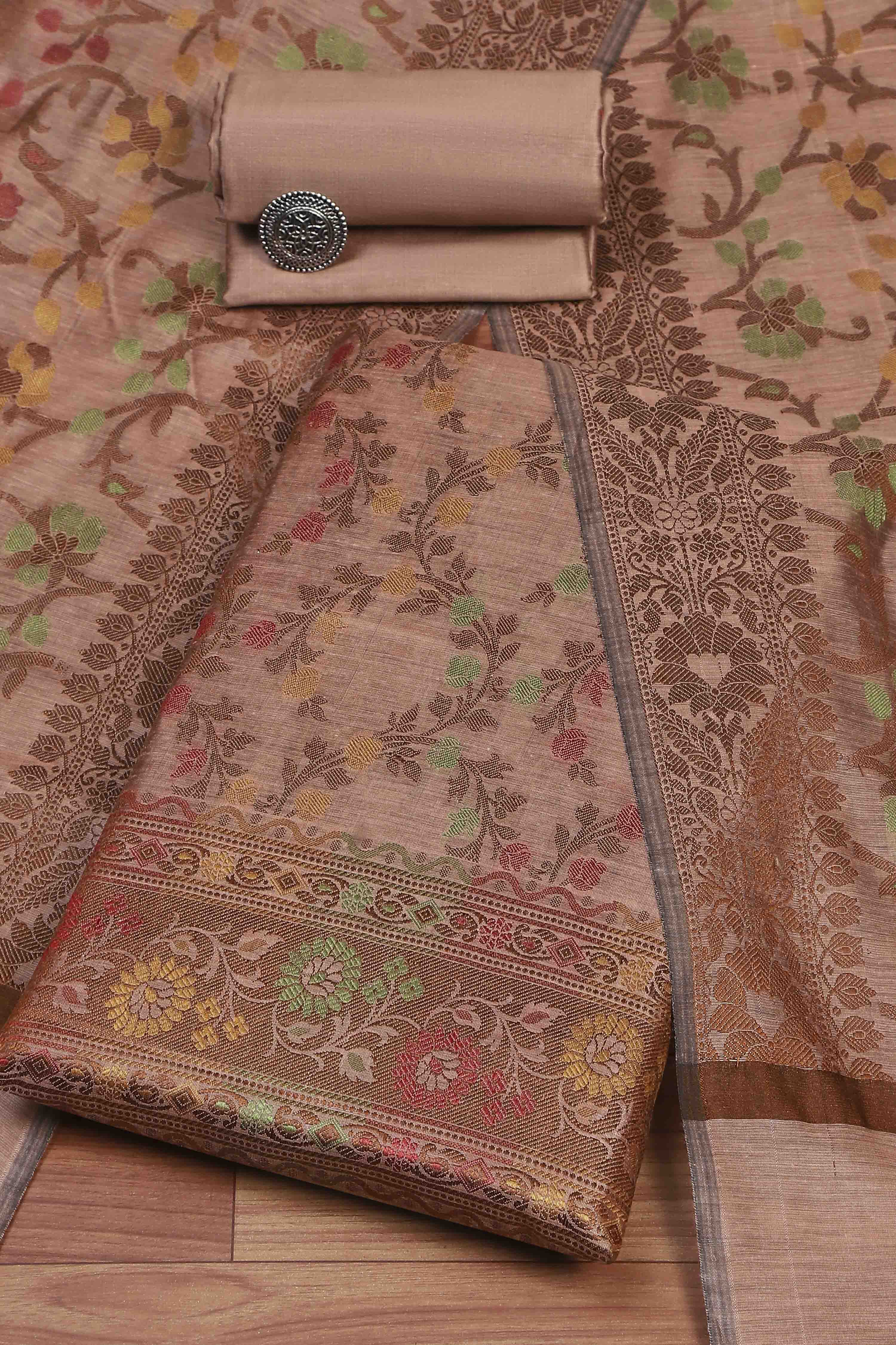 Grey Cotton Printed Embroidered Unstitched Suit Set image number 0