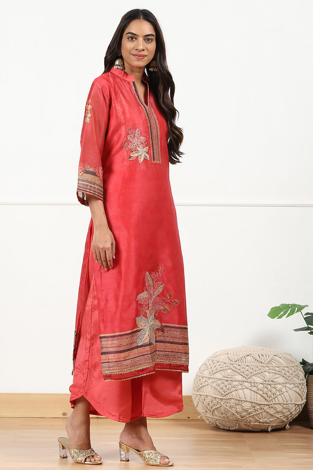 Blue Chanderi Floral Printed Unstitched Suit Set image number 3