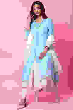 Powder Blue Double Layered Kurta Churidar Suit Set image number 0