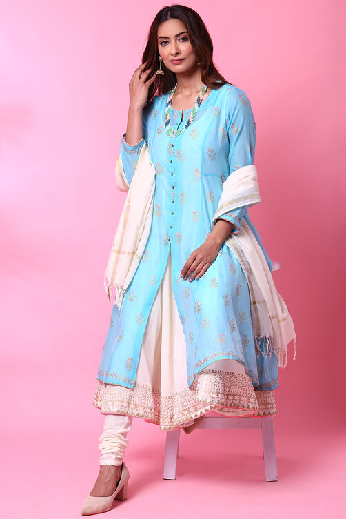 Lime Green Double Flared Kurta Churidar Suit Set image number 0
