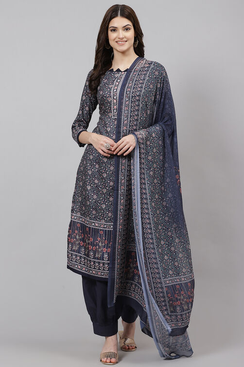 Blue Poly Spun Digital Print Unstitched Suit Set image number 3