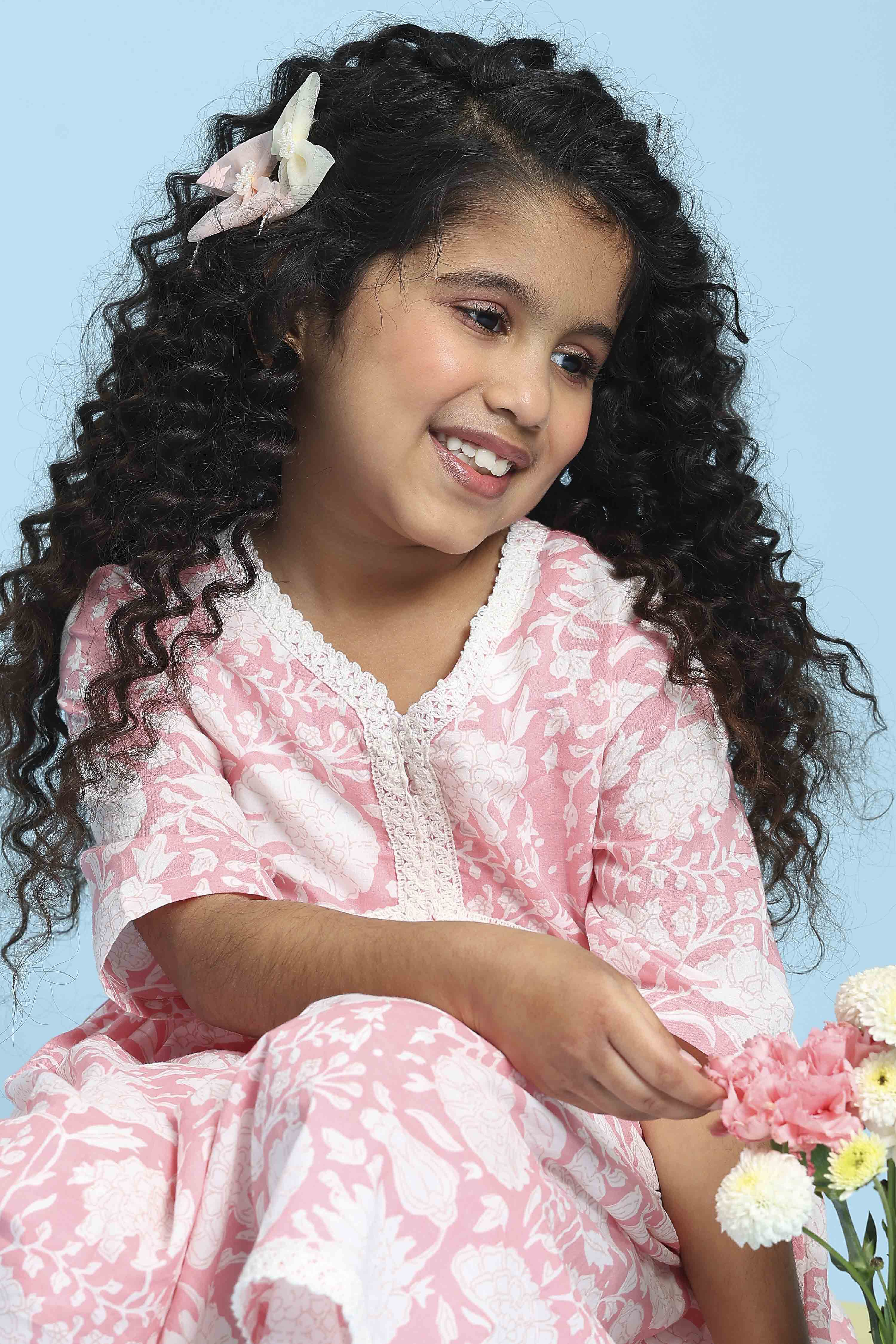 Pink Cotton Printed Gathered Suit Set image number 1