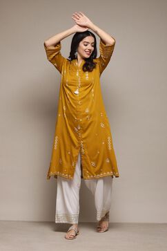 Mustard Poly Cotton Straight Yarndyed Kurta image number 5