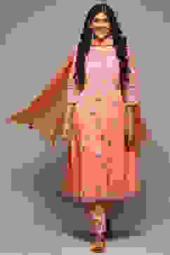 Pink Cotton Gathered Kurta Pants Suit Set image number 0