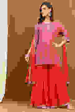 Coral Red Viscose Georgette Festive Straight Suit Set image number 0