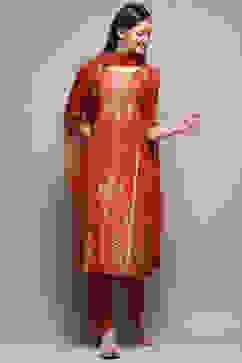 Maroon Viscose Straight Kurta Regular Pant Suit Set image number 0