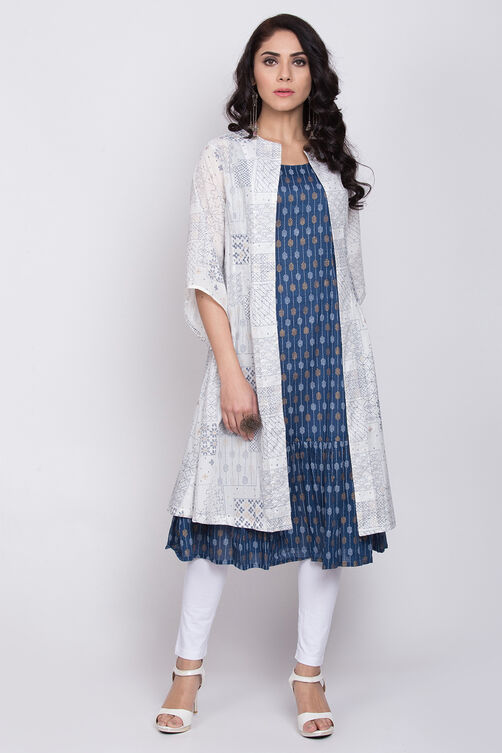 White And Indigo Cotton Front Open Printed Kurta image number 0