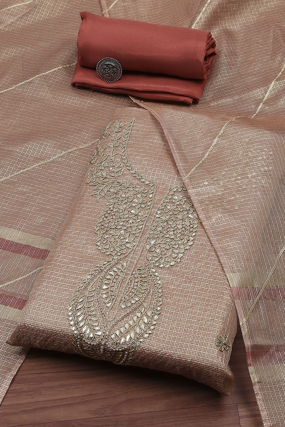 Peach-Toned Tissue Embroidered Unstitched Suit Set image number 0