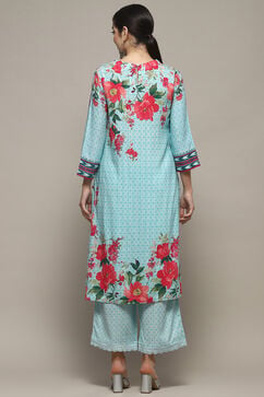 Turquoise Rayon Straight Suit Set image number 6