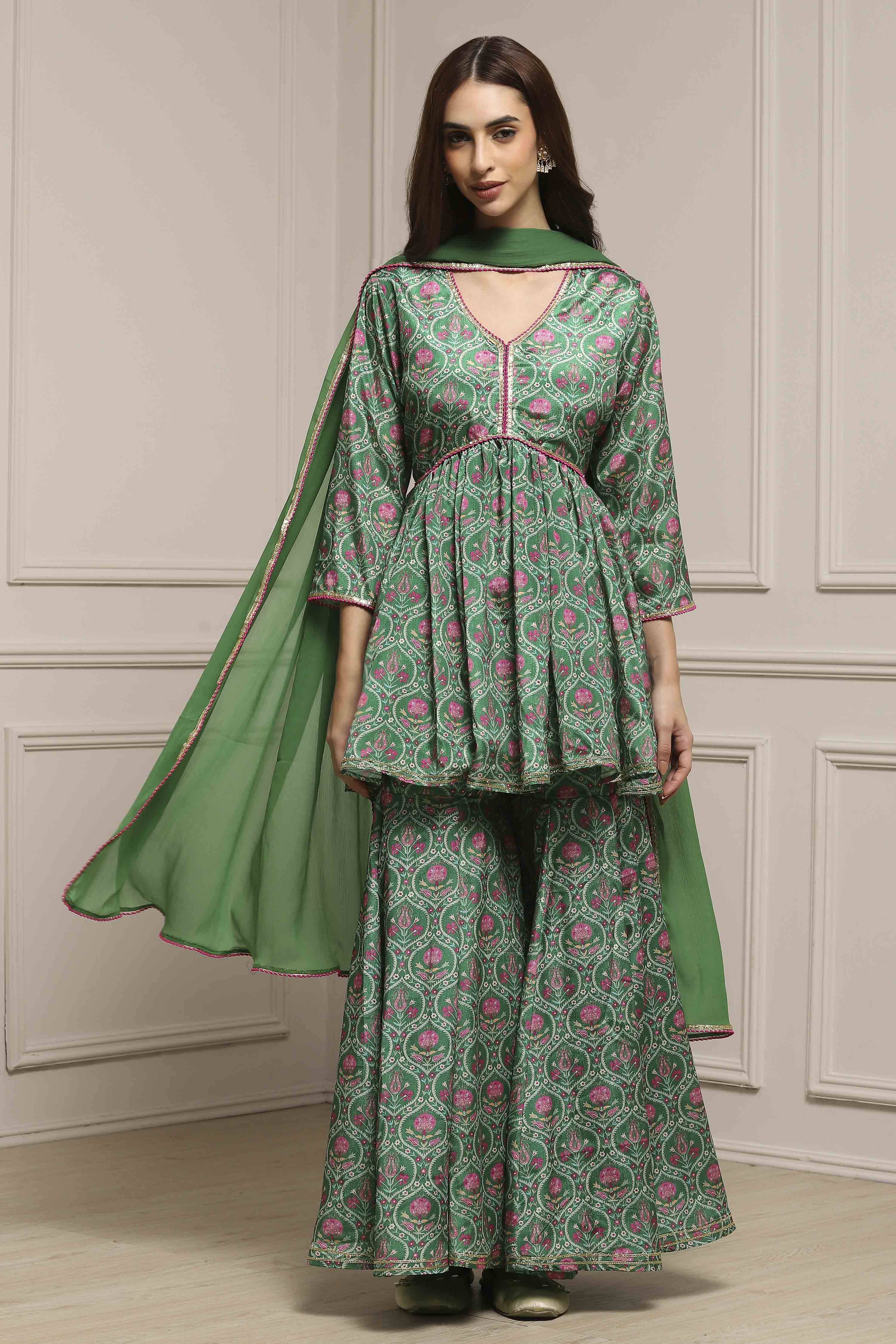 Green Art Silk Gathered Garara Set image number 7