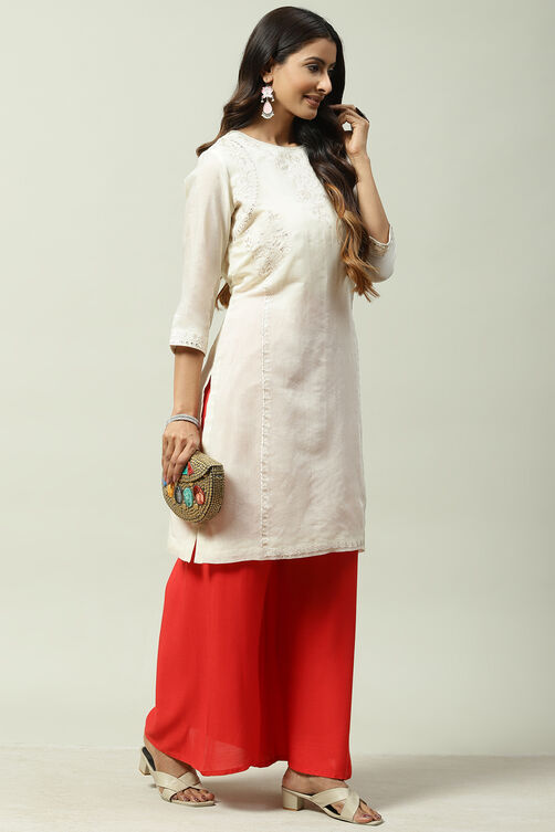 Beige Art Silk Straight Embroidered Kurta image number 5