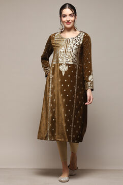 Brown Poly Velvet Straight Printed Kurta image number 5