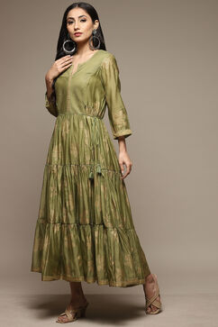 Green Cotton Blend Tiered Printed Dress image number 4