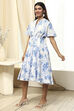 White and Blue Cotton Floral Flared Dress image number 2