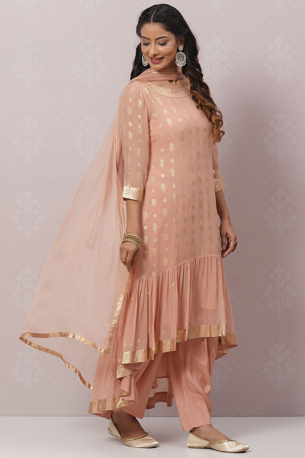 Dull Pink Art Silk Asymmetric Kurta Salwar Suit Set image number 6