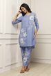 Blue Cotton Floral Printed Straight Suit Set image number 0