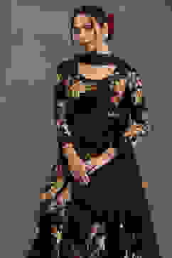 Rohit Bal Black Silk Chanderi Floral Printed Anarkali Suit Set image number 6