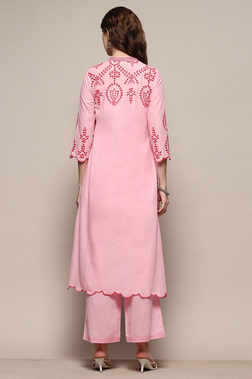 Pink Pure Cotton Schiffli Kurta & Palazzo Suit Set image number 4