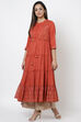 Rust Cotton Flared Printed Kurta image number 3