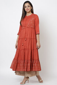 Rust Cotton Flared Printed Kurta image number 3